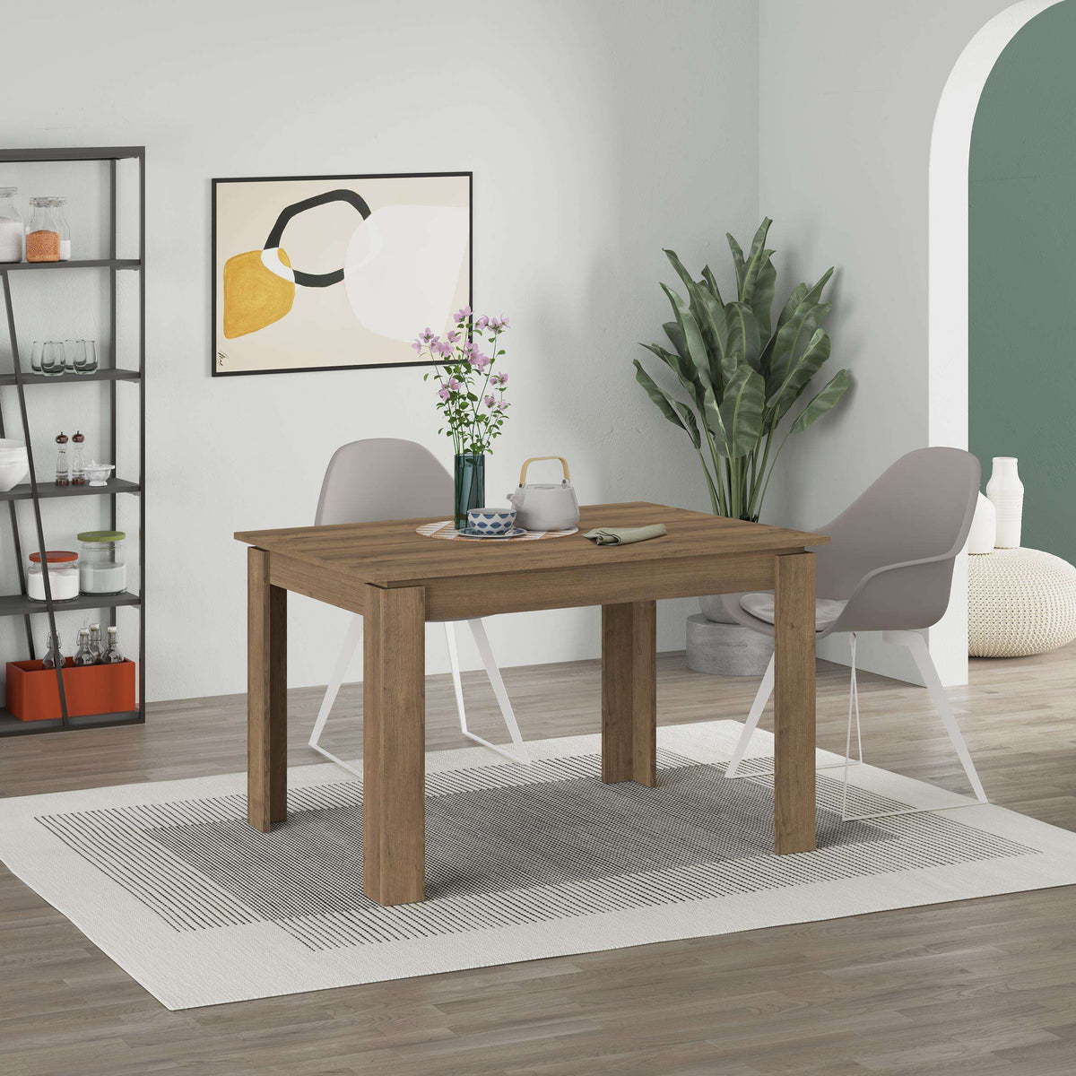 Decortie Dining Table in Natural Wood Finish with Comfortable Seating and Decorative Accents