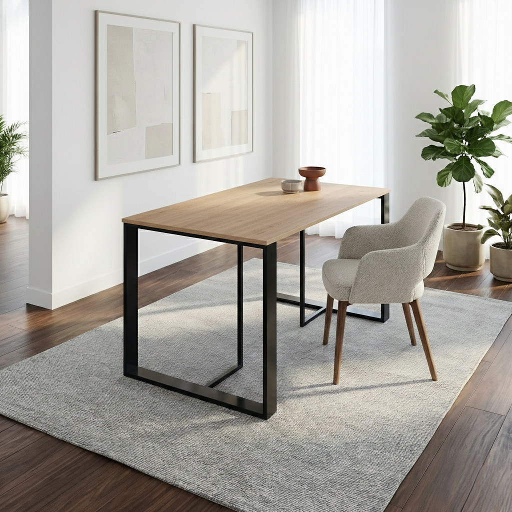 Modern Decortie Dining Table with Wooden Surface and Metal Frame in a Bright Living Space