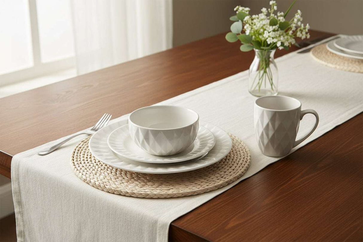 Avie 16 Piece White Embossed Dinner Set Orsina