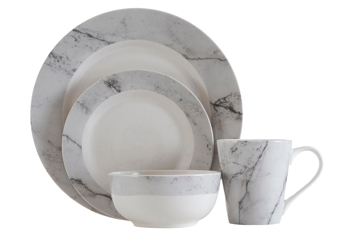 Orsina Dinner Set featuring marble-style plates, bowl, and mug for elegant dining experiences