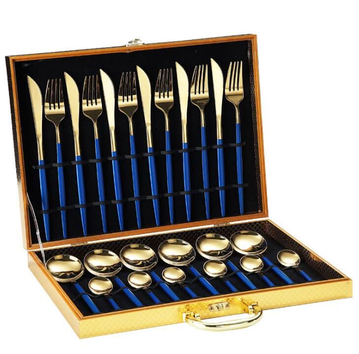 24pcs Gold or Stainless Steel, Boxed Dinnerware Set Sapphire Gold Kitchen Essentials