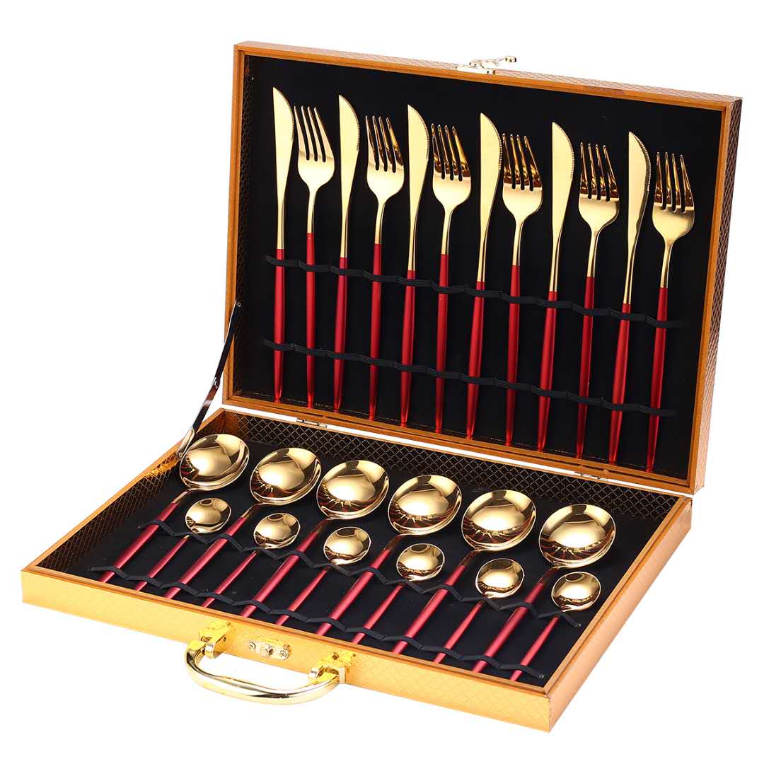 24pcs Gold or Stainless Steel, Boxed Dinnerware Set Red Gold Kitchen Essentials
