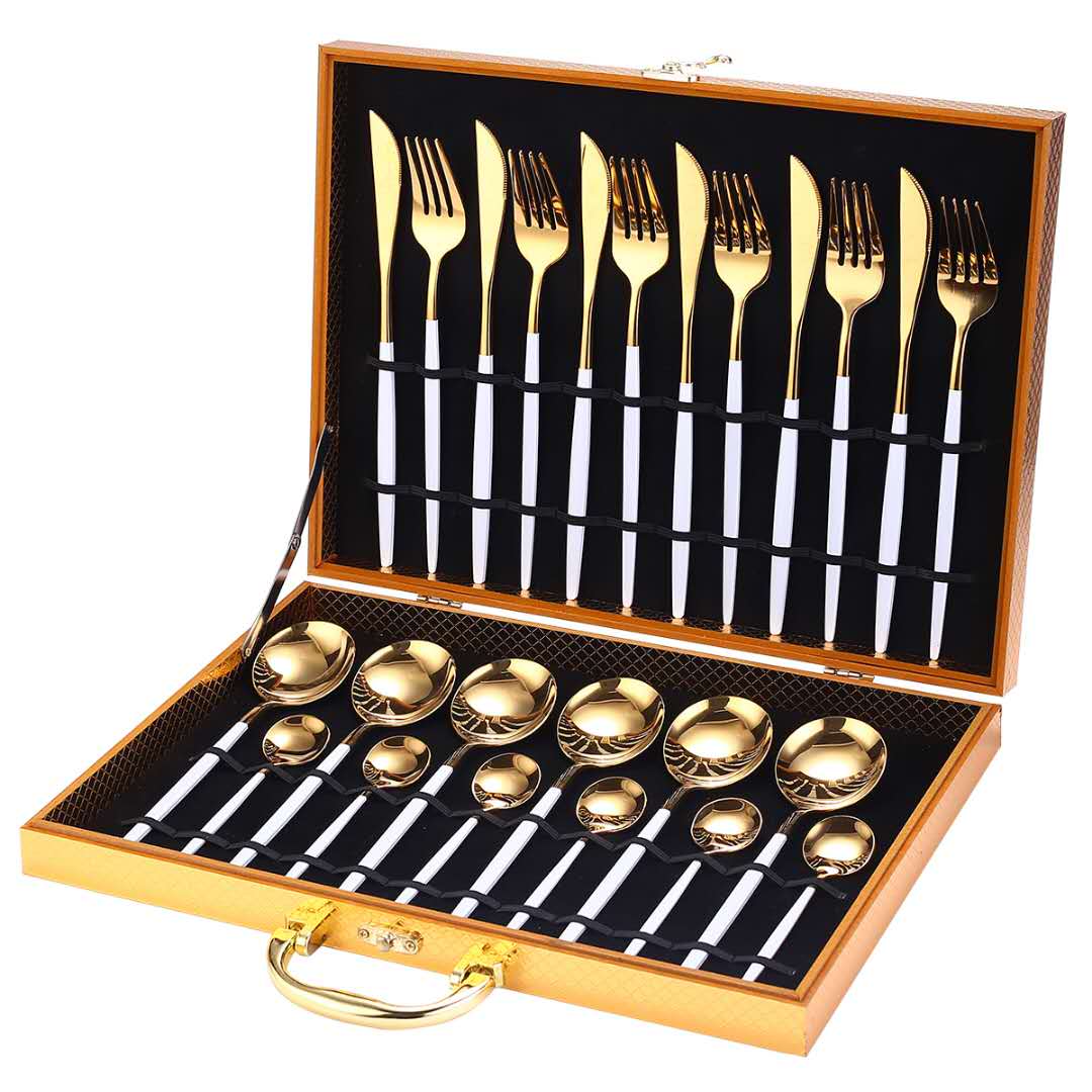 24pcs Gold or Stainless Steel, Boxed Dinnerware Set White Gold Kitchen Essentials