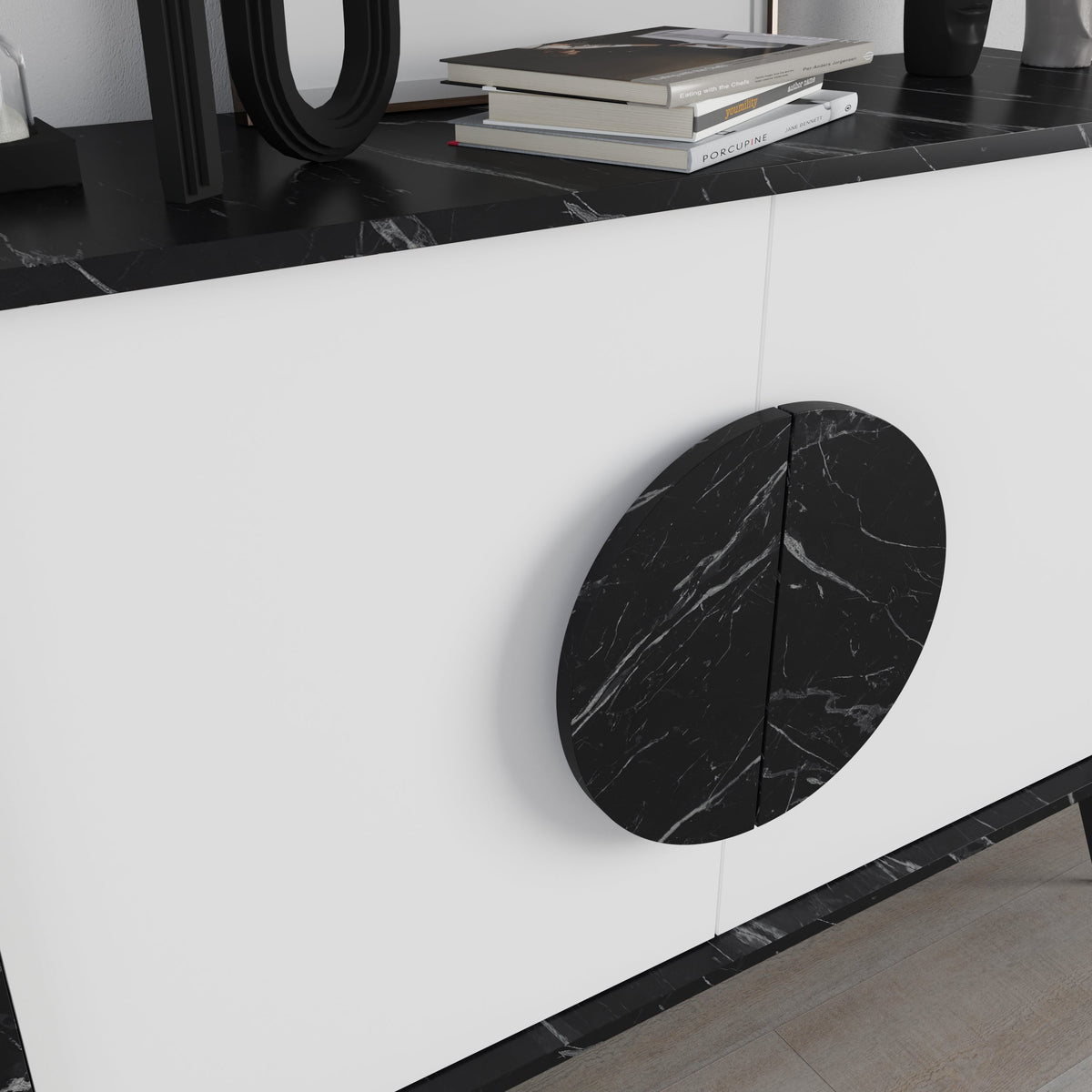 Decortie modern sideboard featuring a sleek design and stylish display unit with black marble accents
