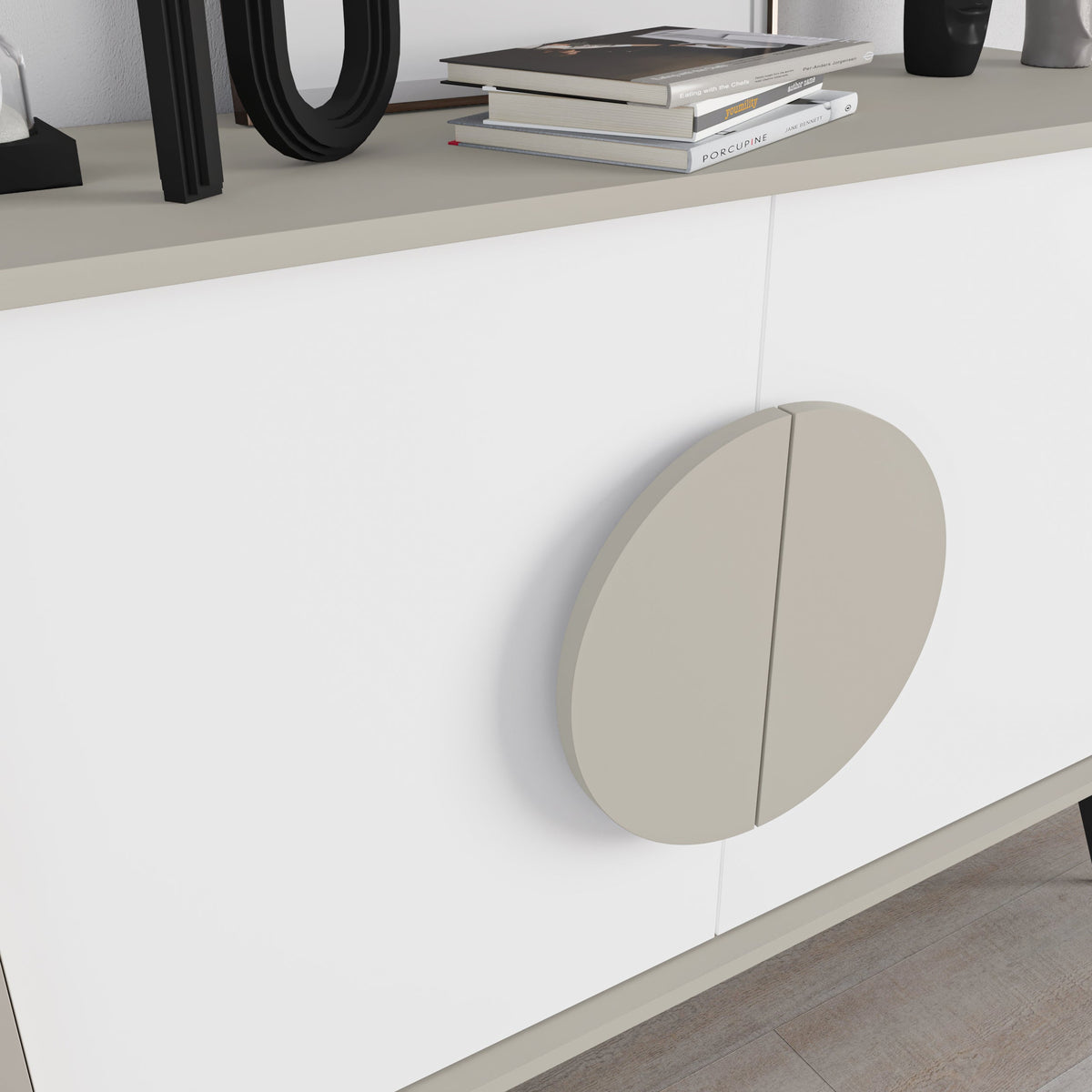 Decortie modern sideboard in neutral tones featuring sleek design, ideal as a display unit