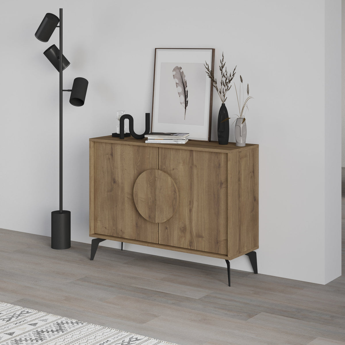 Decortie Display Unit in Oak Finish with Round Door Handle and Stylish Modern Design