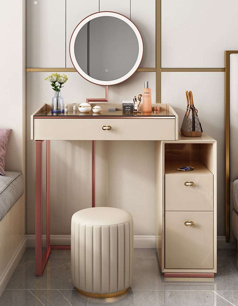 Elegant Le Di Vita Dressing Table with round mirror and sleek storage in a stylish bedroom setting