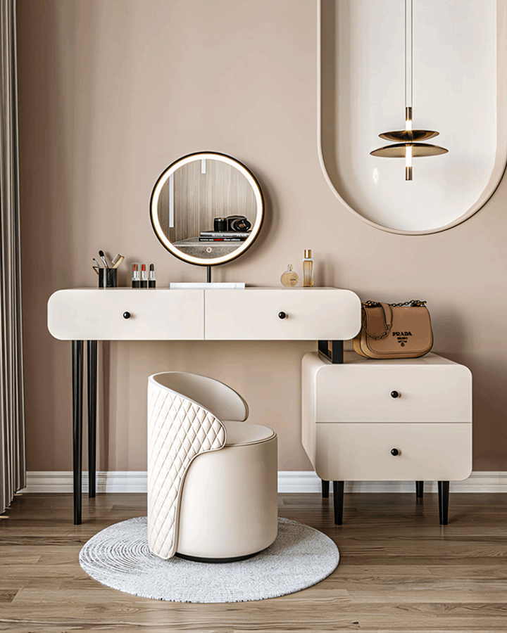 Elegant Le Di Vita Dressing Table with round mirror and stylish chair in a chic interior setting