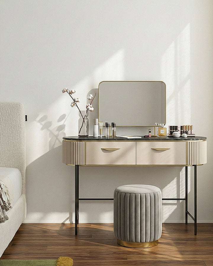 Elegant Le Di Vita Dressing Table with two drawers and a round upholstered stool in a stylish bedroom setting