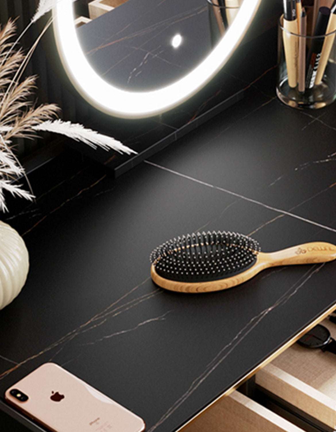 Elegant Le Di Vita Dressing Table with a Black Marble Surface and Stylish Mirror Lighting