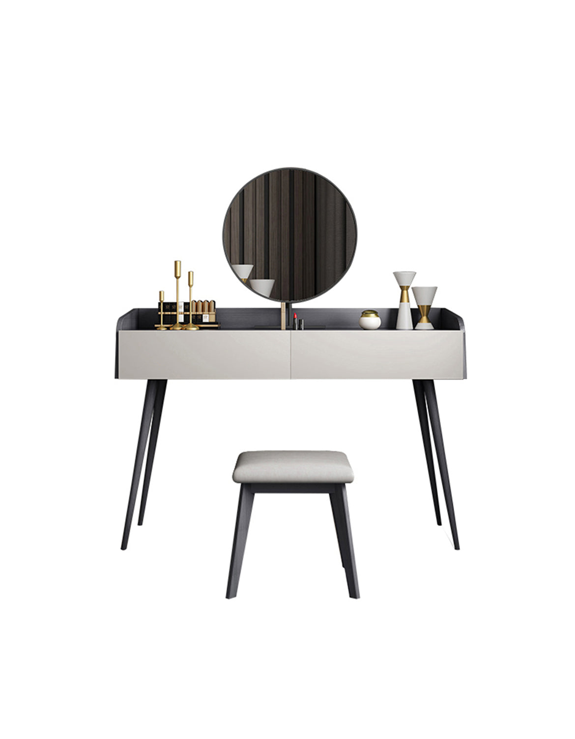Le Di Vita Modern Dressing Table with Circular Mirror and Stylish Stool for Elegant Interiors