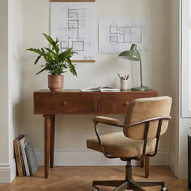 Elegant Fishe and Lilly Dressing Table in Wood with Two Drawers and a Plant for a Stylish Workspace