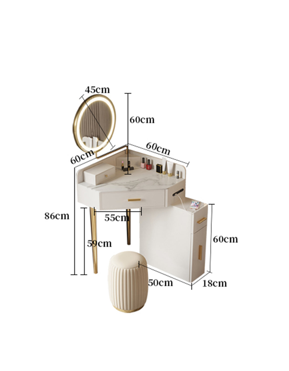 Le Di Vita Dressing Table in White with Round Mirror and Stylish Storage for Elegant Rooms