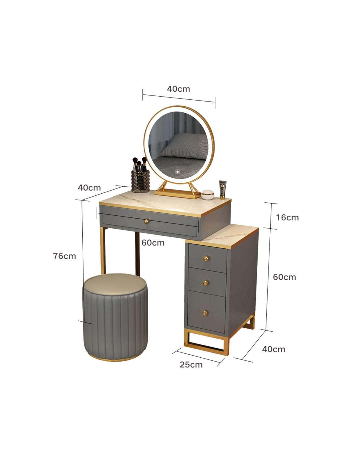 Le Di Vita Dressing Table with Round Mirror and Storage Drawers in Grey and Gold Finish