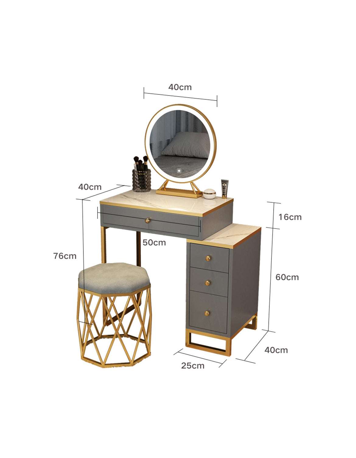 Le Di Vita Dressing Table with Round Mirror and Stylish Storage Drawers in Grey and Gold Finish