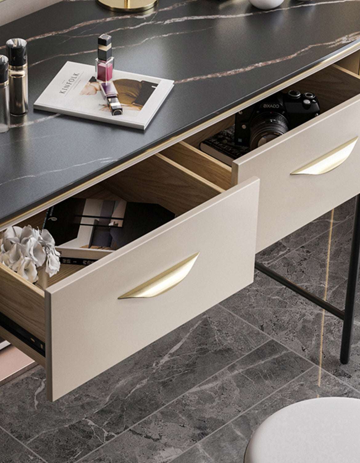 Le Di Vita Dressing Table with Black Marble Top and Two Storage Drawers for Beauty Essentials