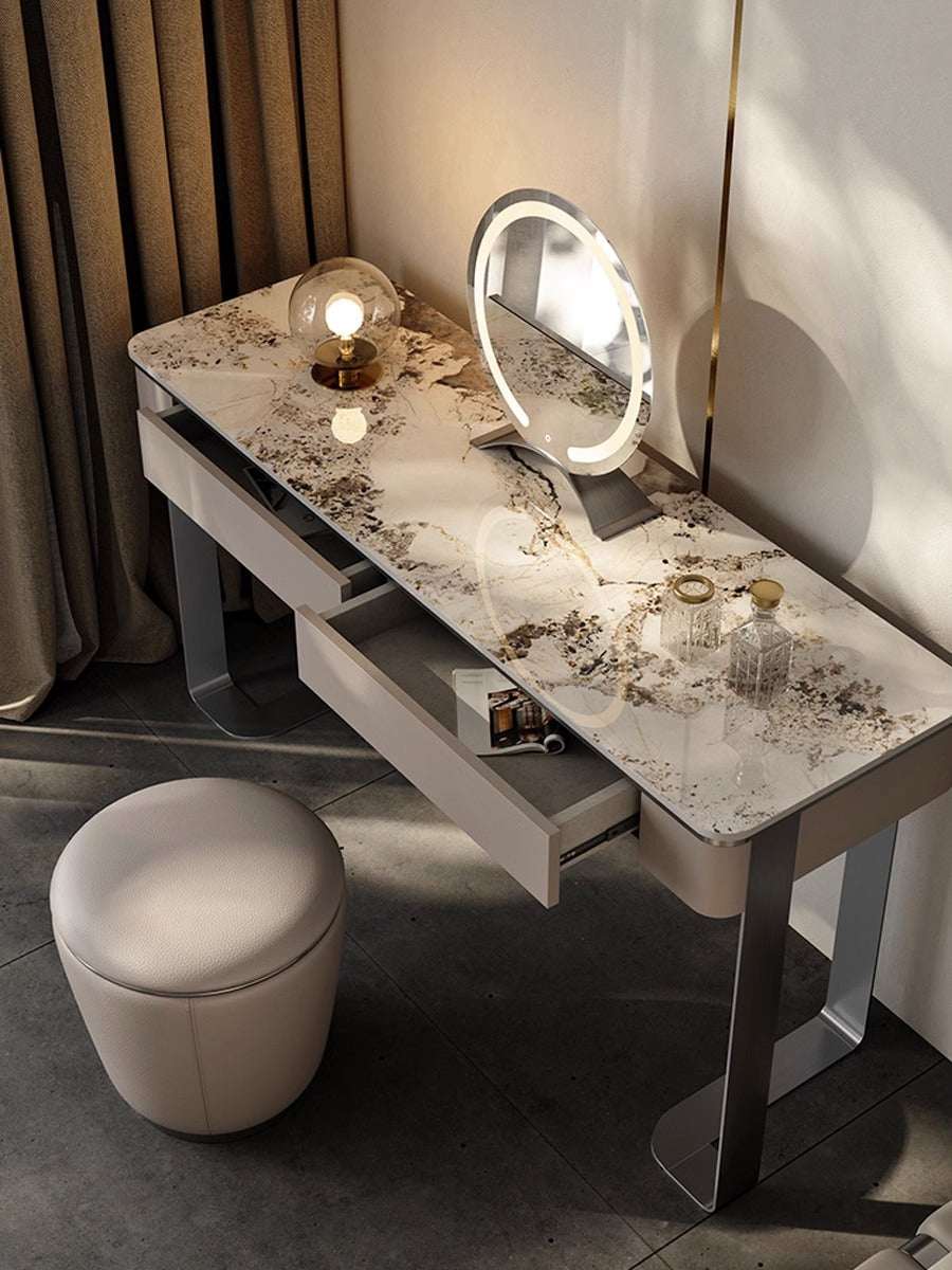 Elegant Le Di Vita Dressing Table with Marble Top and Stylish Round Mirror for Makeup Application