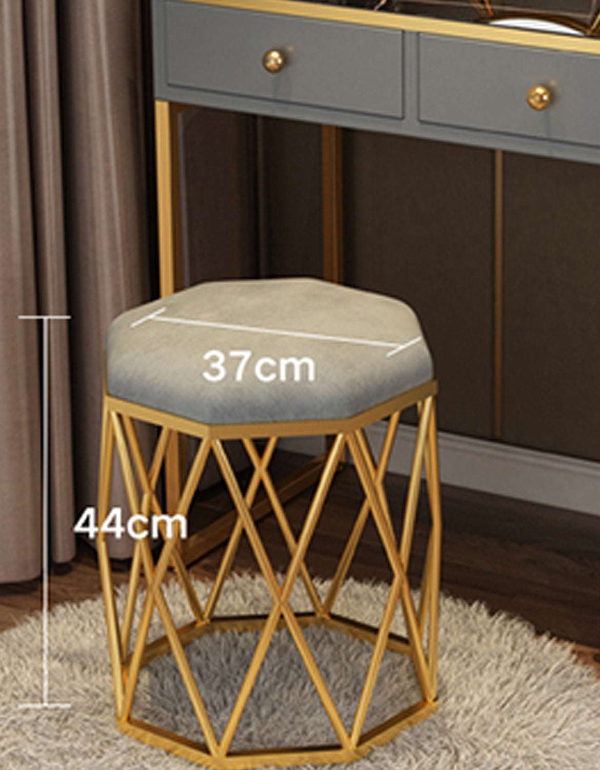 Le Di Vita Dressing Table Stool with a Gold Metal Base and Soft Grey Upholstery for Stylish Decor