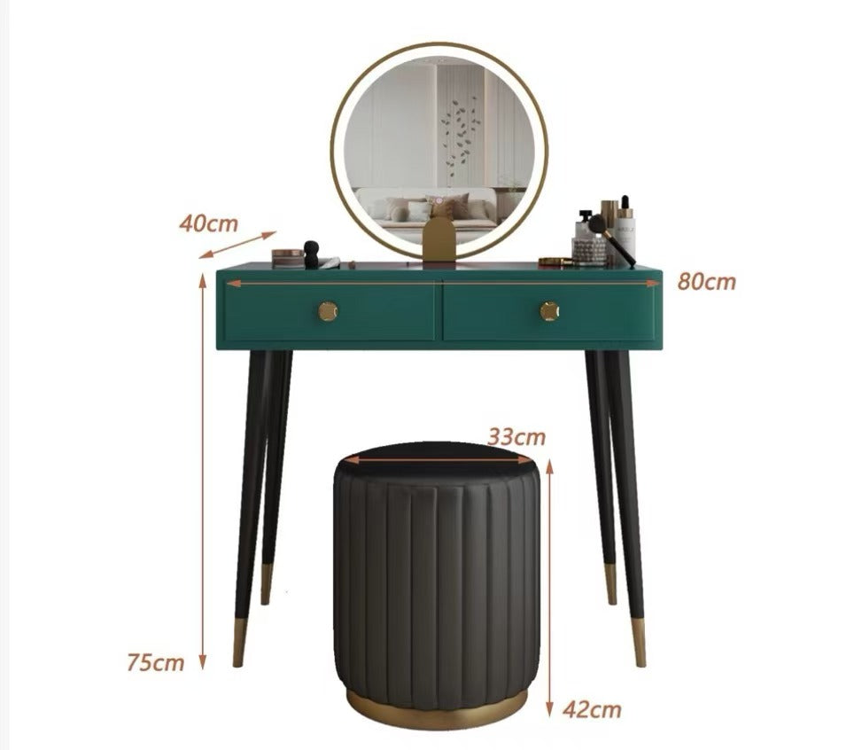 Le Di Vita Dressing Table in Green with Two Drawers and Round Mirror, Includes Matching Stool