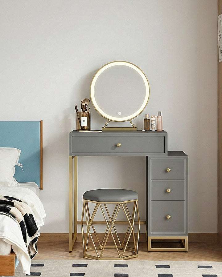 Modern Le Di Vita Dressing Table with Round Mirror and Stylish Gold Legs, Perfect for Bedroom Decor