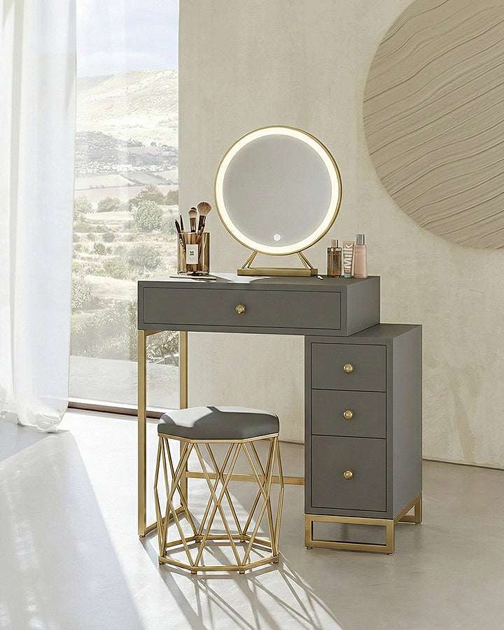Le Di Vita Dressing Table with Round Mirror and Gold Accents, ideal for modern bedrooms