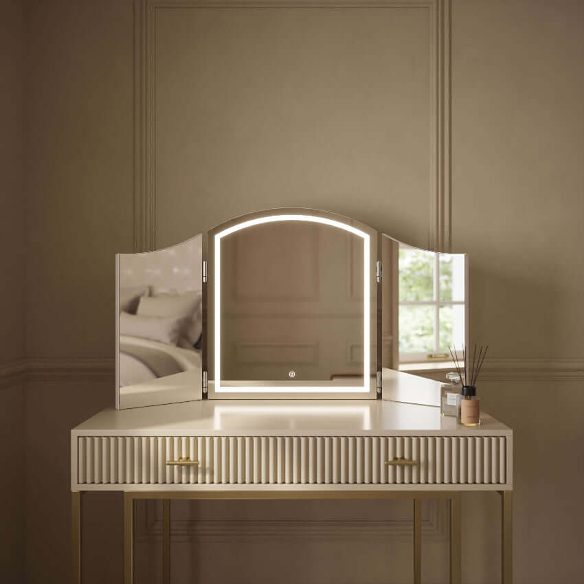 Hollywood Mirrors Dressing Table Mirror with Illuminated Edge and Folding Design for Elegant Vanity Setup