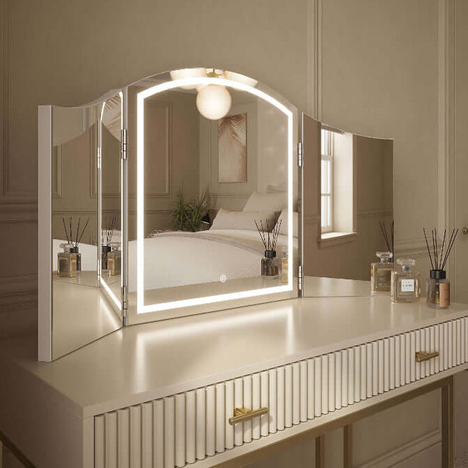 Stylish Hollywood Dressing Table Mirror with LED Lights and Folding Side Panels for Elegant Bedrooms