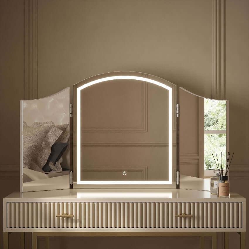 Hollywood Mirrors Dressing Table Mirror with LED Lights and Tri-Fold Design for Elegant Vanity Use