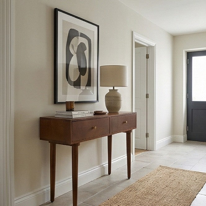Stylish Fishe and Lilly dressing table with wooden finish and elegant lamp in a contemporary room