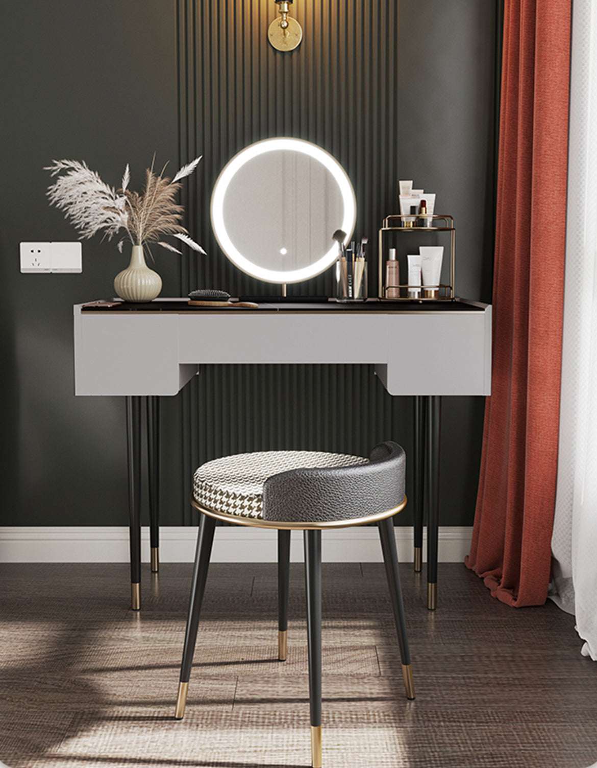 Le Di Vita stylish dressing table with circular mirror and elegant storage for cosmetics