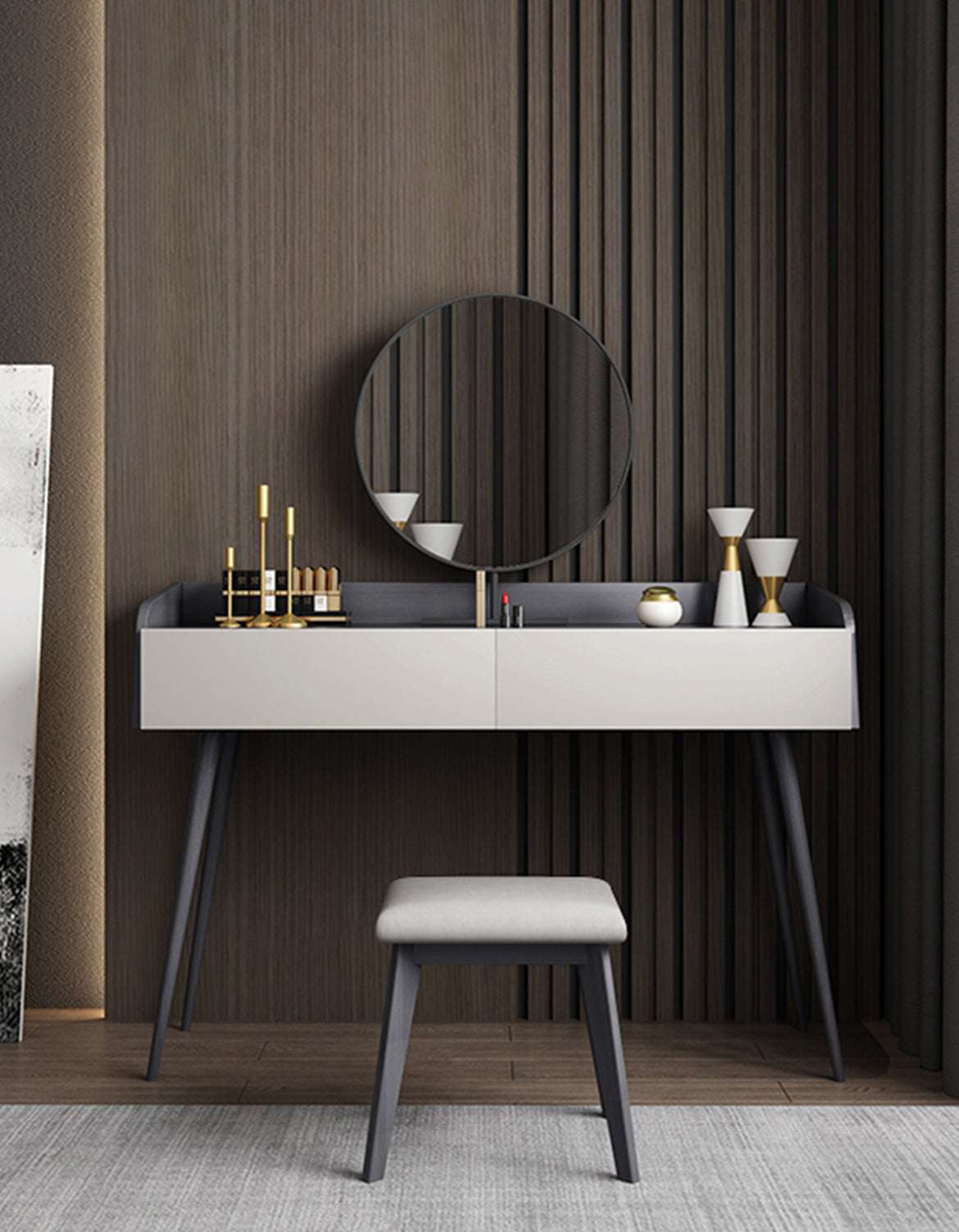 Le Di Vita modern Dressing Table with round mirror and minimalist design, featuring sleek storage drawers