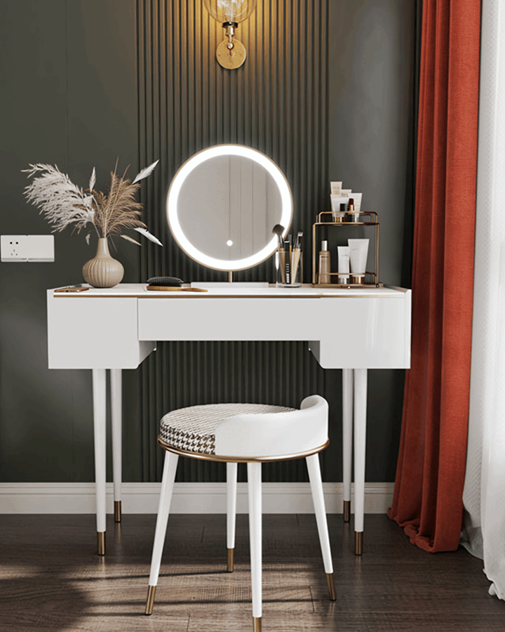 Le Di Vita modern dressing table with round mirror and stylish accessories for elegant makeup routines