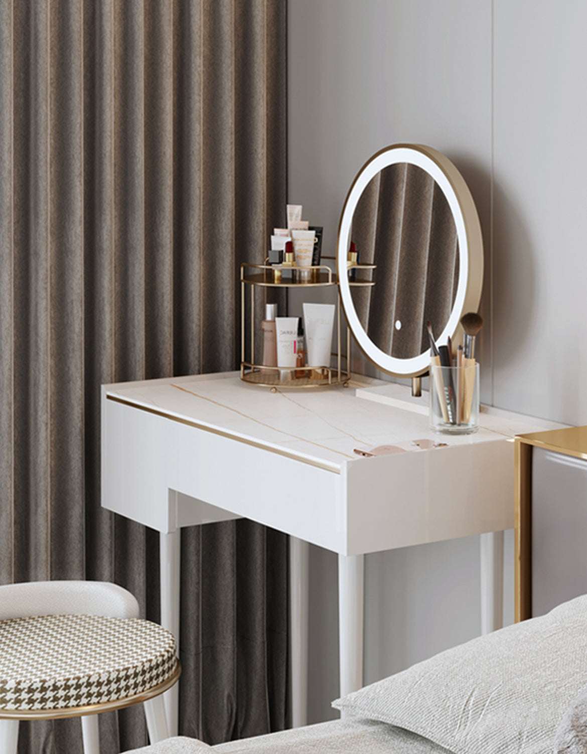 Modern Le Di Vita Dressing Table with round mirror and organised beauty products on a sleek white surface