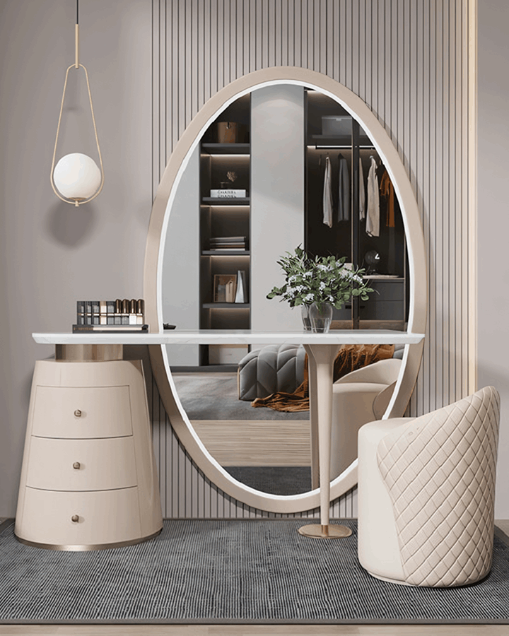 Elegant Le Di Vita Dressing Table with a large mirror and stylish chair in a modern setting