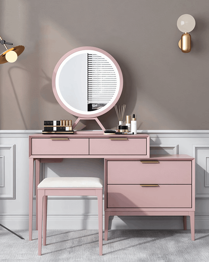 Le Di Vita pink Dressing Table with round mirror and elegant drawers for a stylish bedroom look