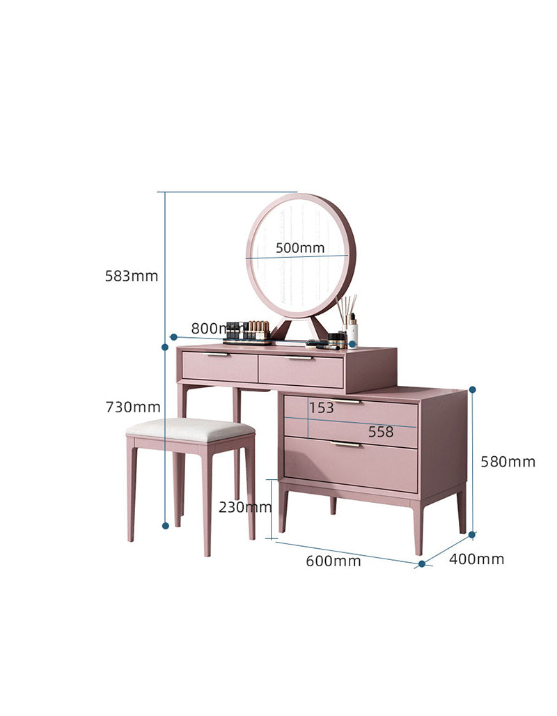 Le Di Vita Dressing Table with Round Mirror and Storage Drawers in Pink Finish