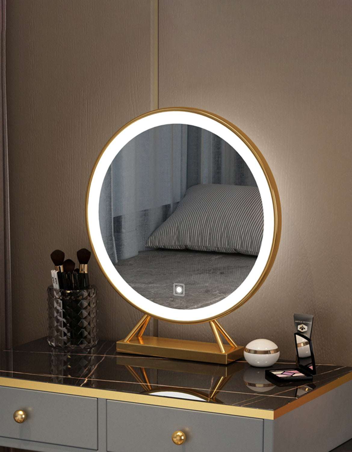 Stylish Le Di Vita Dressing Table with Round LED Mirror and Elegant Gold Stand