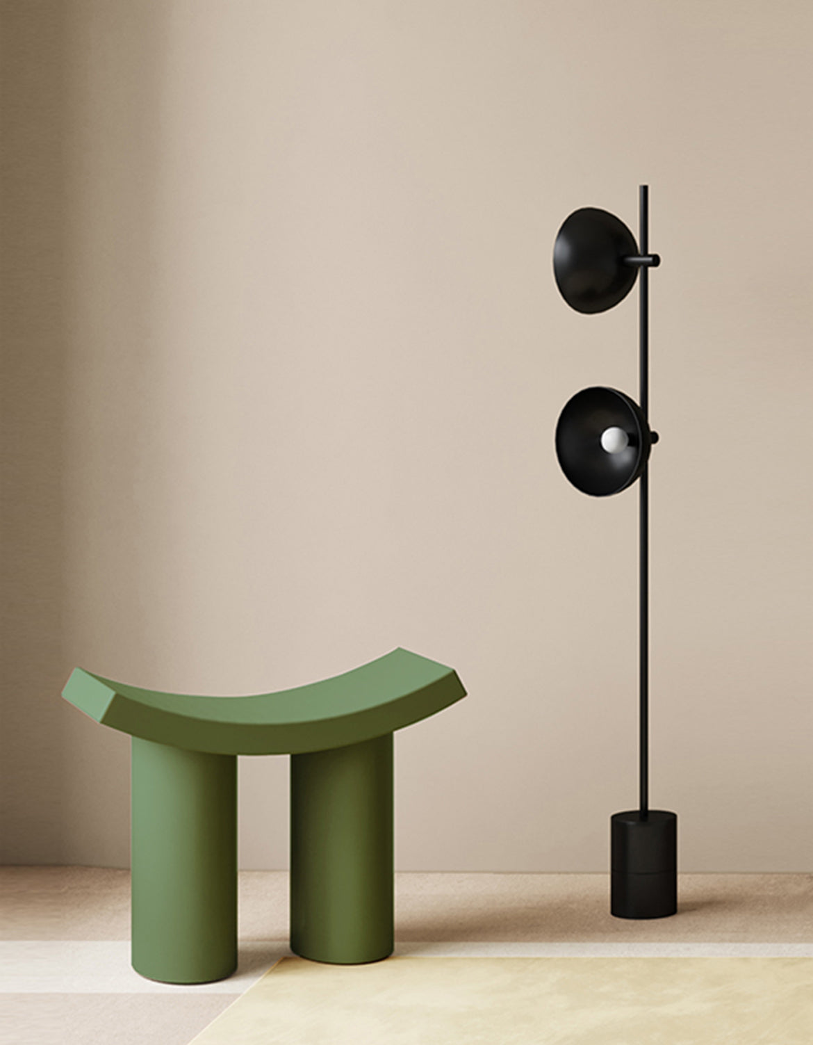 Modern green Dressing Table Stool next to a sleek black floor lamp in a minimalist setting