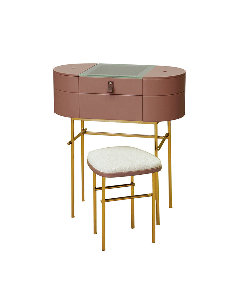 Le Di Vita Dressing Table with Gold Legs and Soft Pink Finish, includes matching stool.
