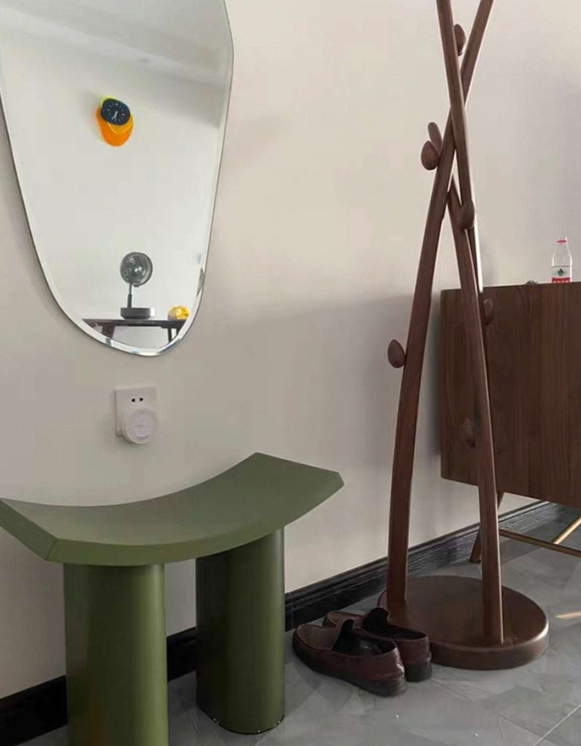 Le Di Vita Dressing Table Stool in green with unique design, complemented by a stylish mirror and shoe stand
