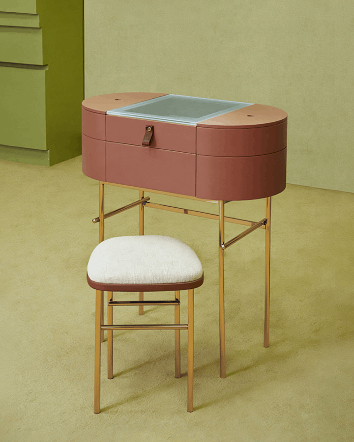 Le Di Vita Dressing Table in brown with a sleek design and matching upholstered stool
