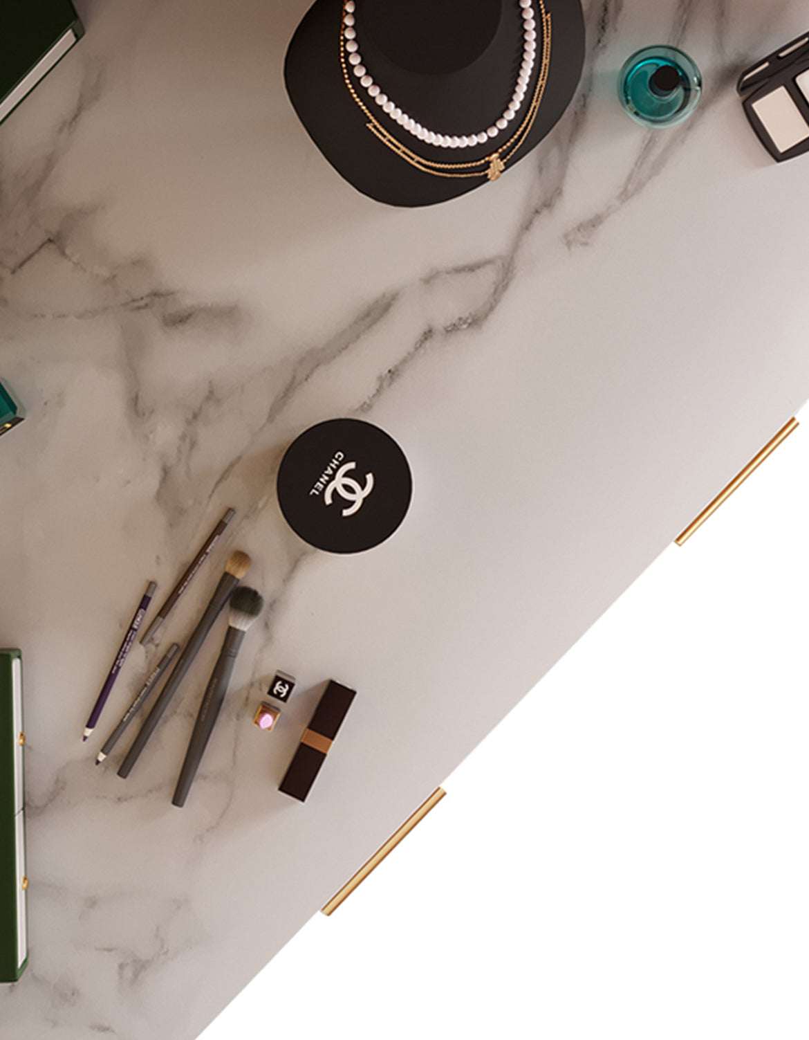 Elegant marble dressing table with makeup products and accessories for stylish organisation