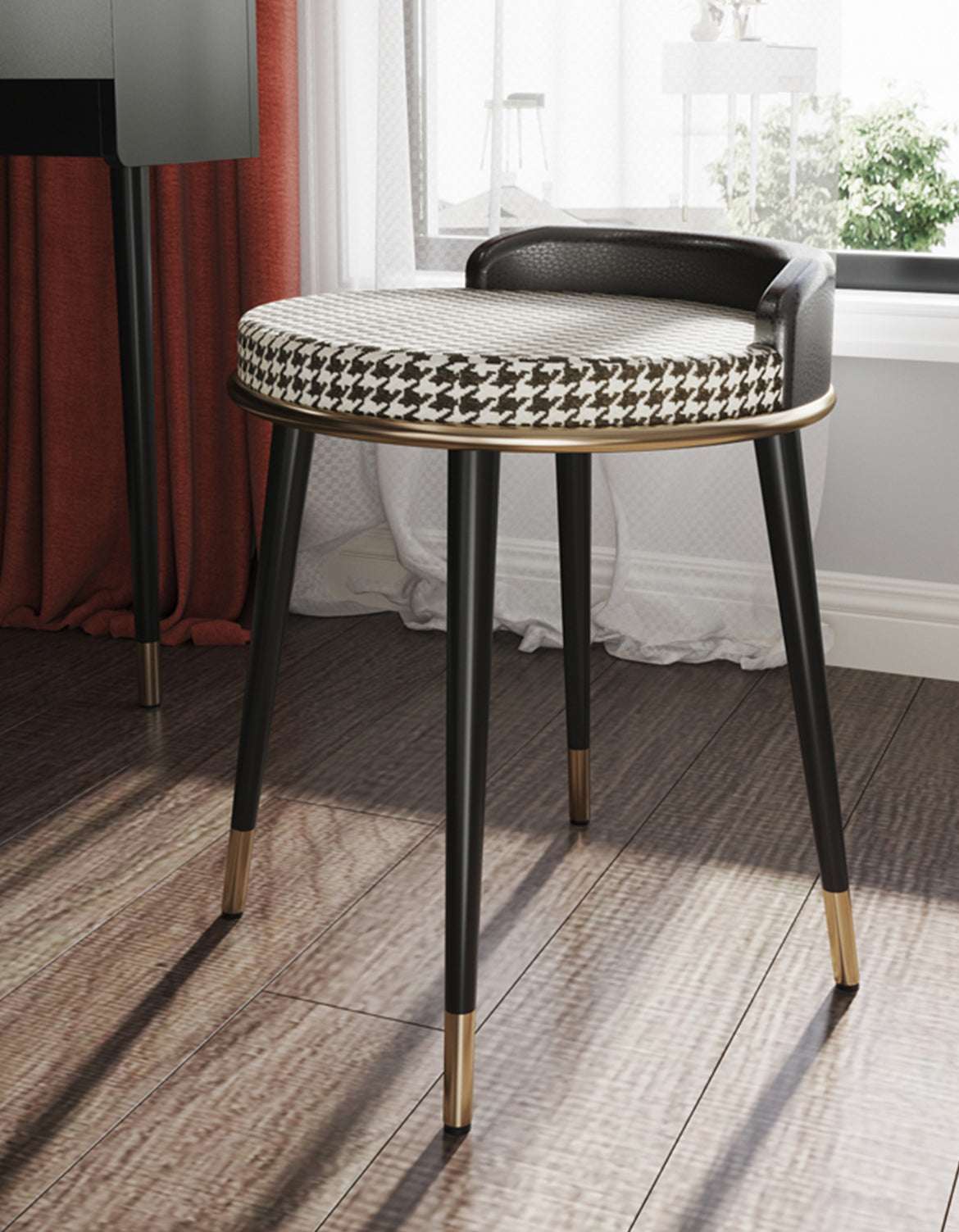 Stylish Le Di Vita Dressing Table Stool with Houndstooth Pattern and Golden Legs