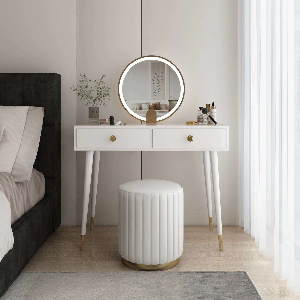 Elegant Le Di Vita Dressing Table with Round Mirror and Stylish Stool for Bedroom Decor