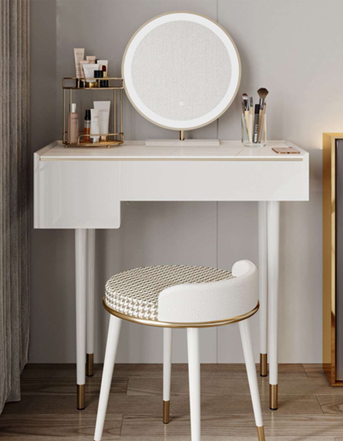 Le Di Vita Dressing Table in white with round mirror and stylish stool for modern interiors