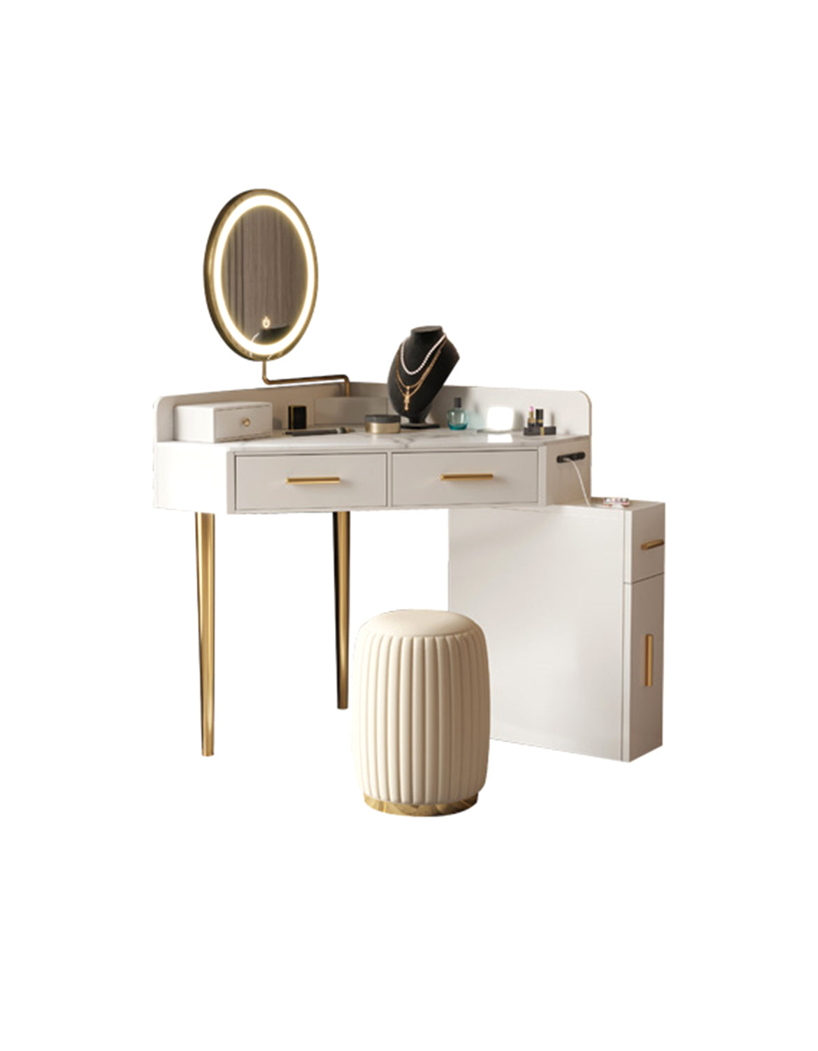 Elegant Le Di Vita Dressing Table with Mirror and Stylish Storage Drawers in White and Gold