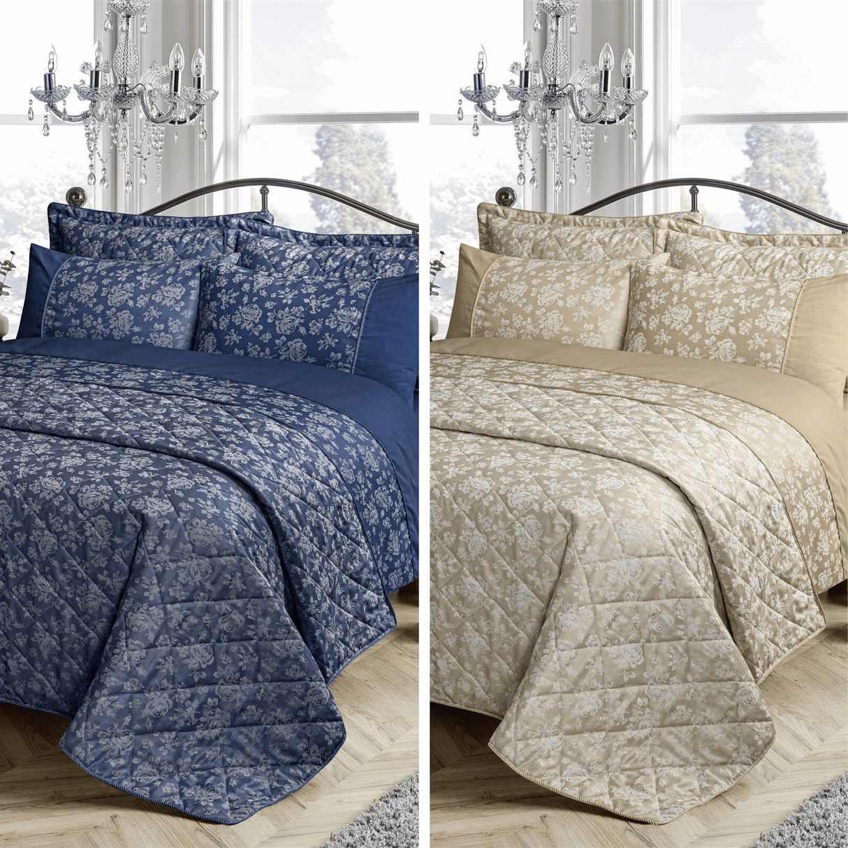 OLIVIA ROCCO Floral Duvet Set in Navy and Beige with Matching Pillowcases for Elegant Bedrooms