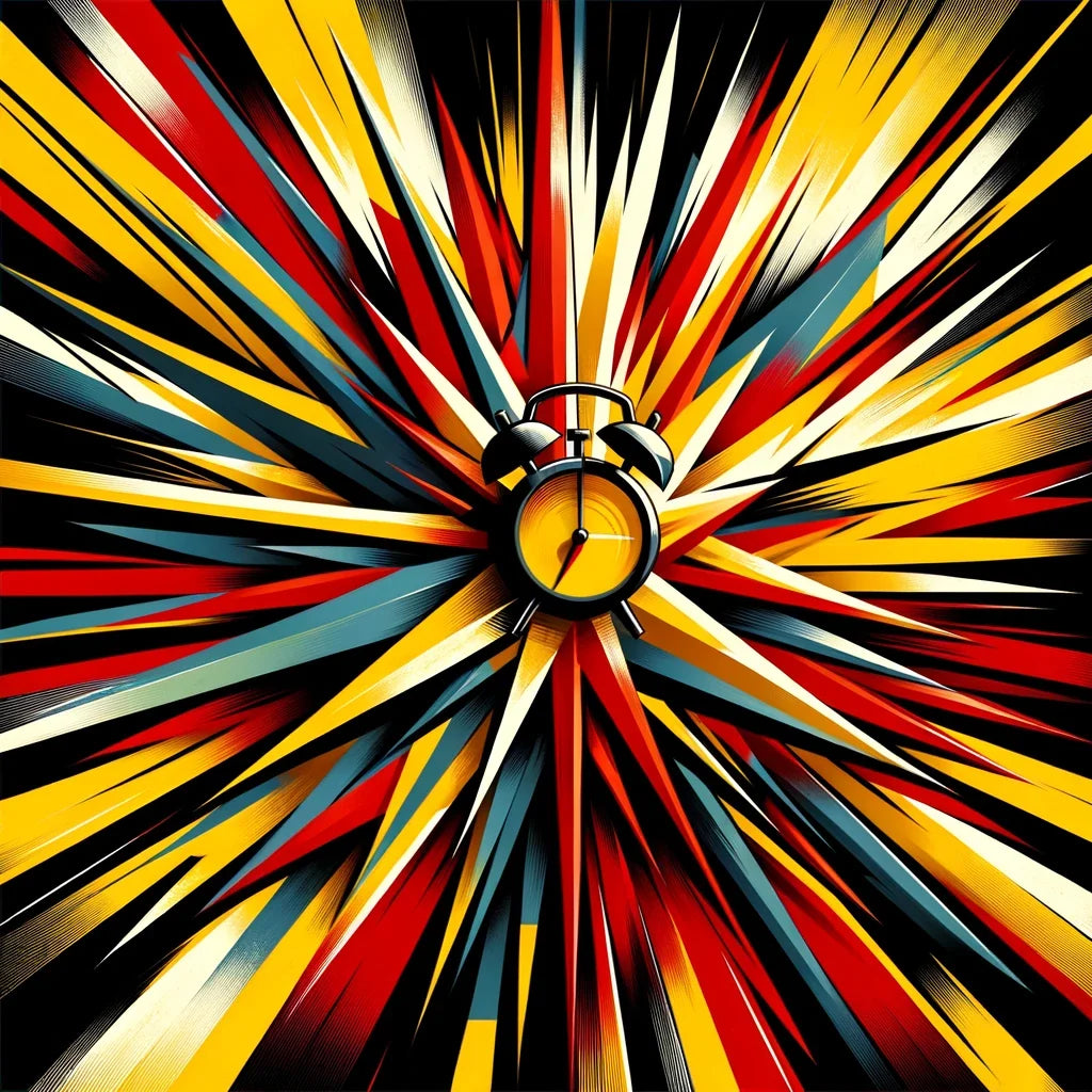 Vibrant wall art canvas featuring an alarm clock with bold colours and dynamic patterns