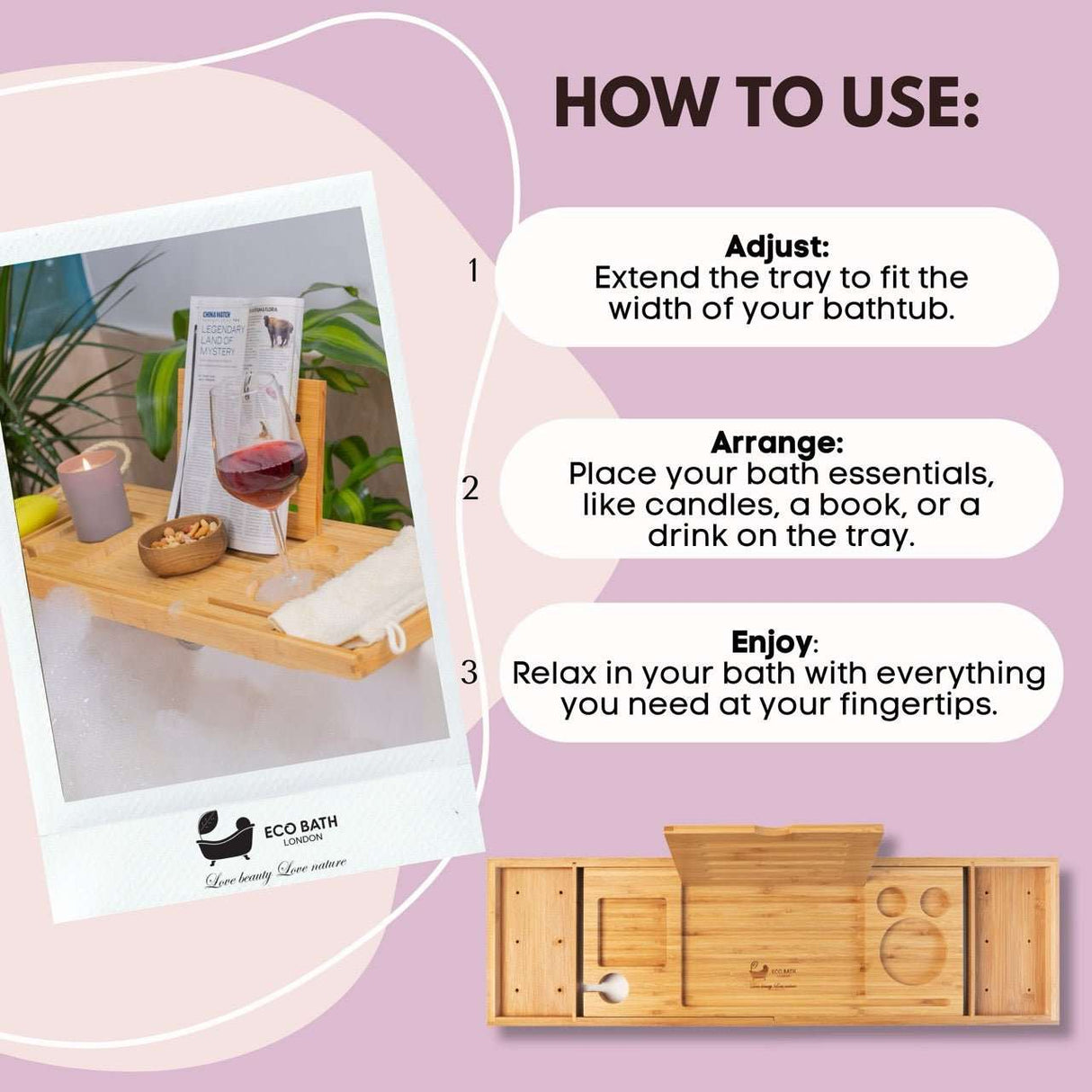 Eco Bath London Bath Tray with adjustable sections for candles, books, and drinks for a relaxing bath experience
