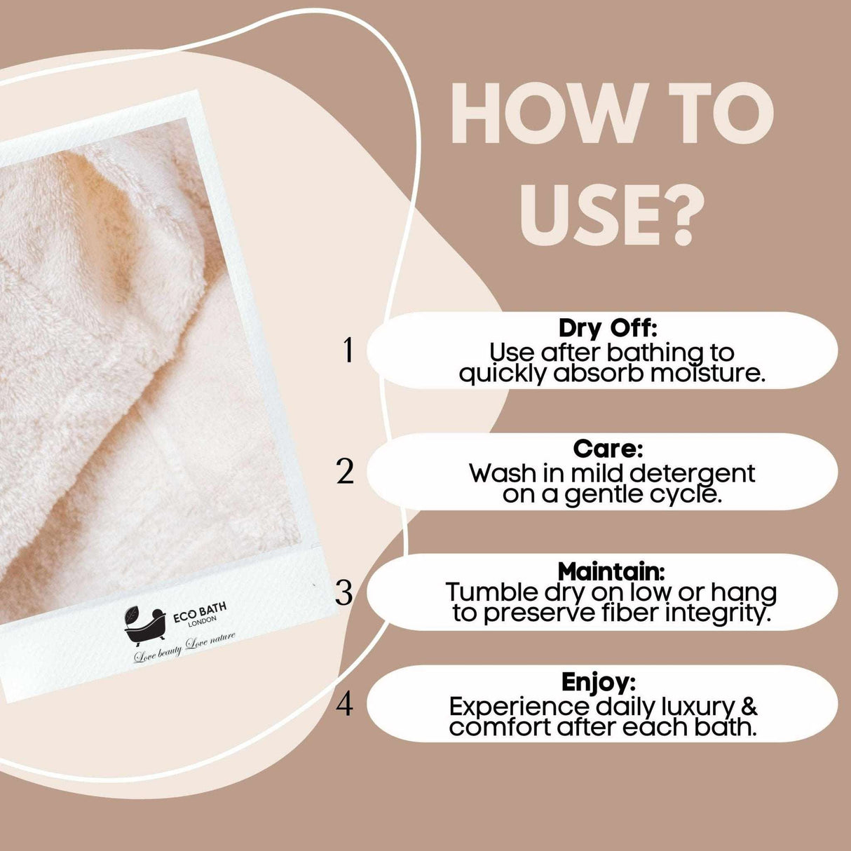 Eco Bath London Cotton Hand Towel showing care instructions for daily luxury and comfort after bathing